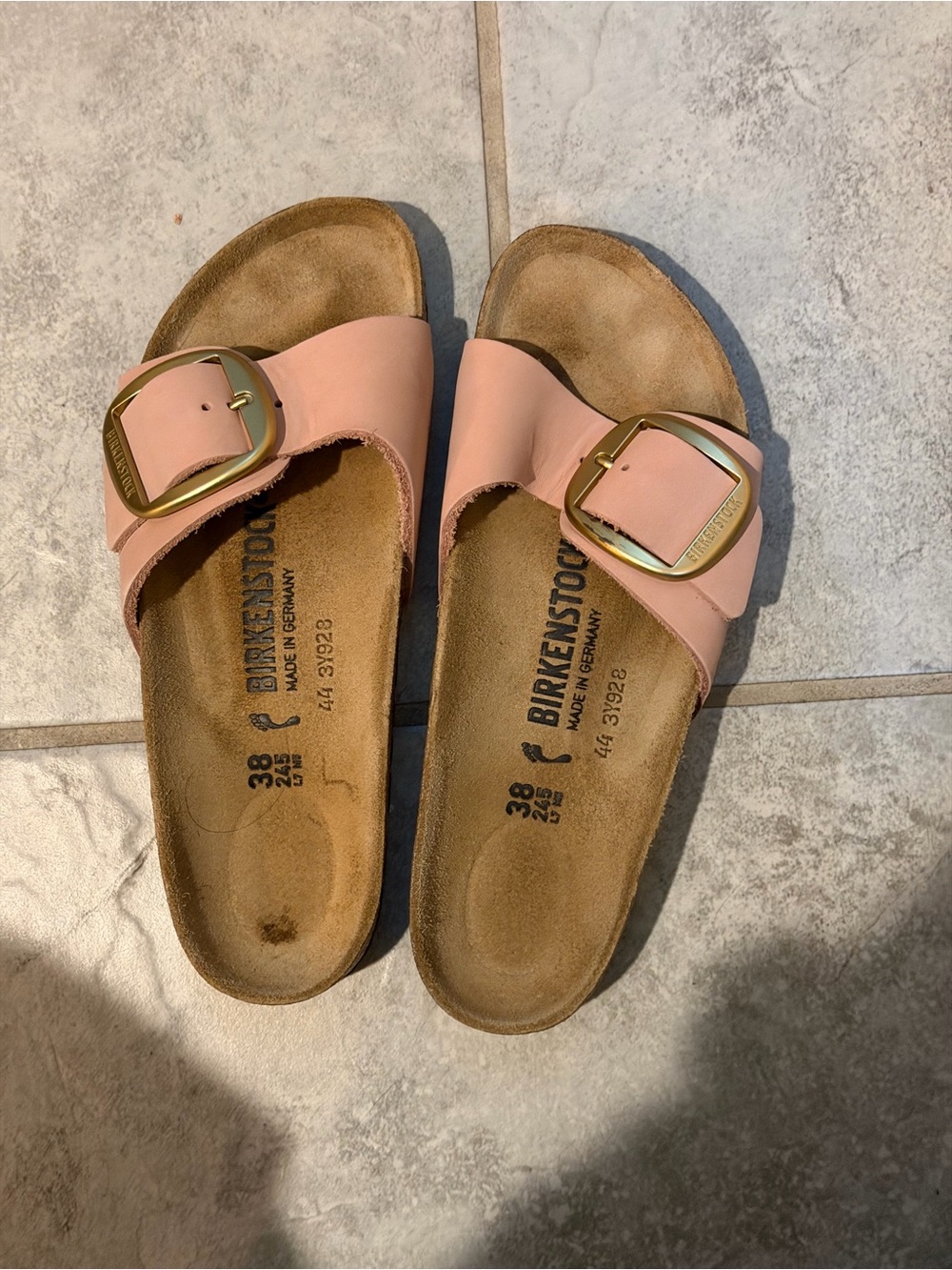 Birkenstock “Madrid” Single Strap Sandals in Pale Pink with Gold Buckles